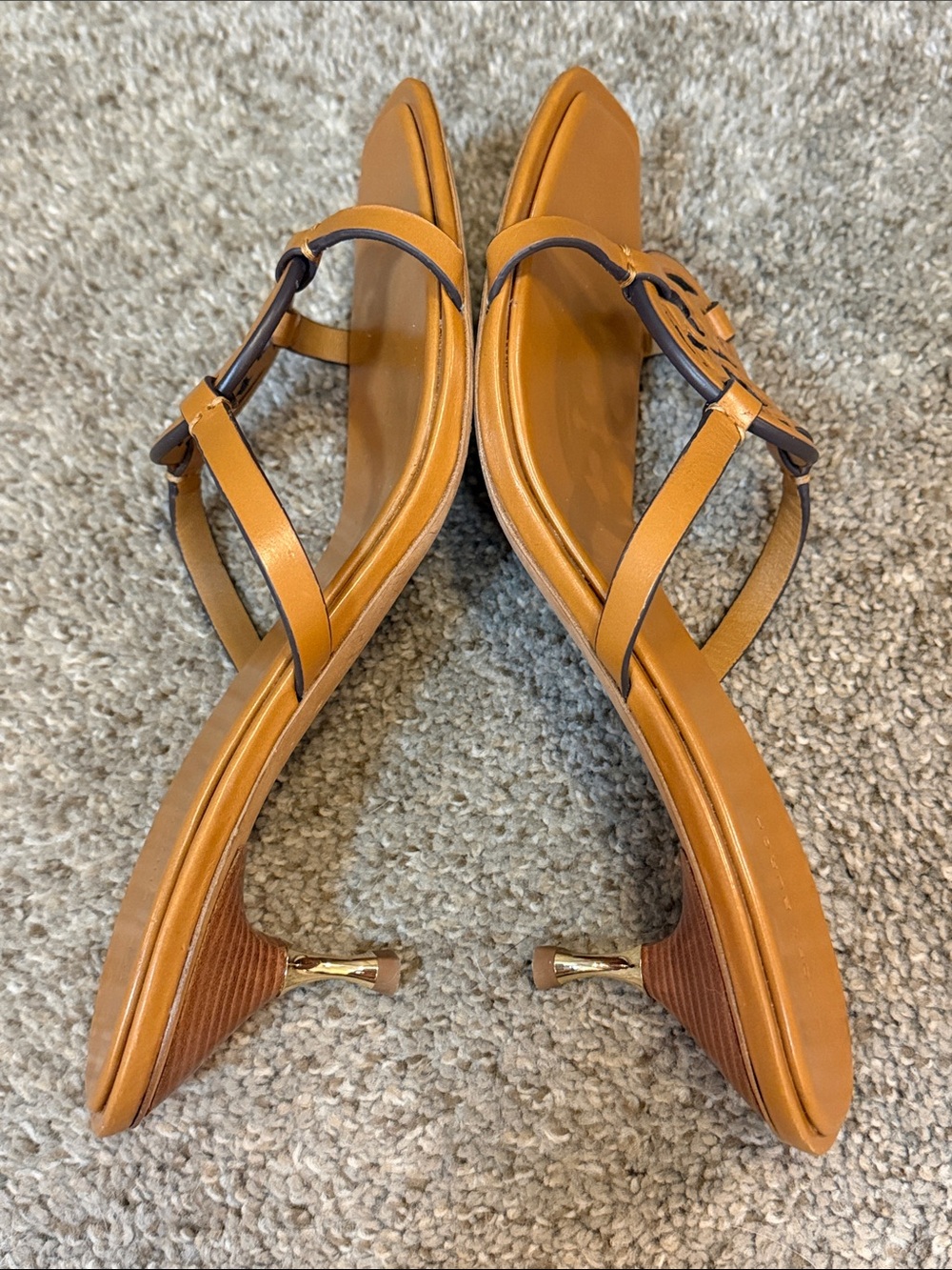 Tory Burch Miller Double Strap Leather Slide Sandals Gold Kitten Heel Tan SZ 11 - Picture 3 of 10
